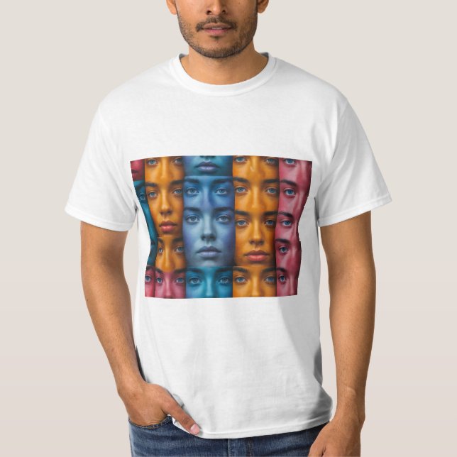 Camiseta Padrão de Rostos Coloridos (Frente)