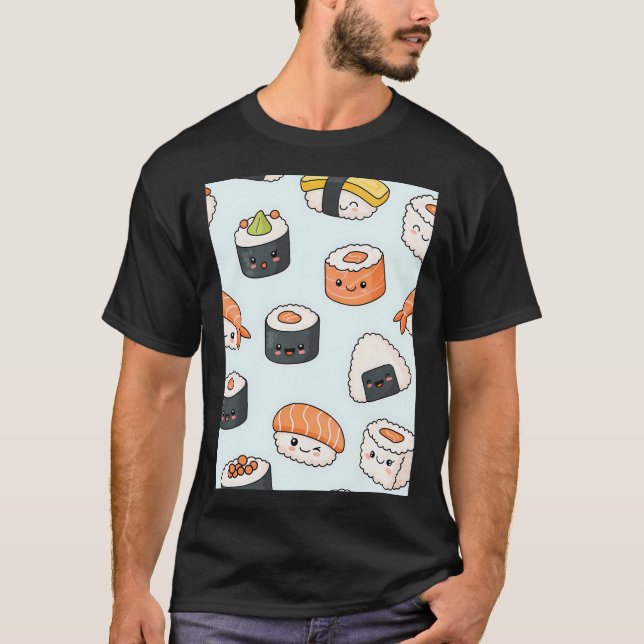 Camiseta Padrão de Sushi Kawaii (Frente)