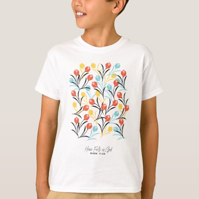 Camiseta Padrão de Tulipas Vibrante Design Floral em Branco (Frente)