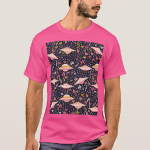 Camiseta Padrão De Ufo Rosa Com Estrelas E Cristais