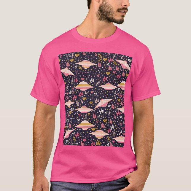 Camiseta Padrão De Ufo Rosa Com Estrelas E Cristais (Frente)
