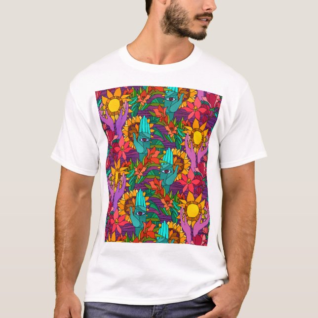 Camiseta Padrão divertido com flores e mãos (Frente)