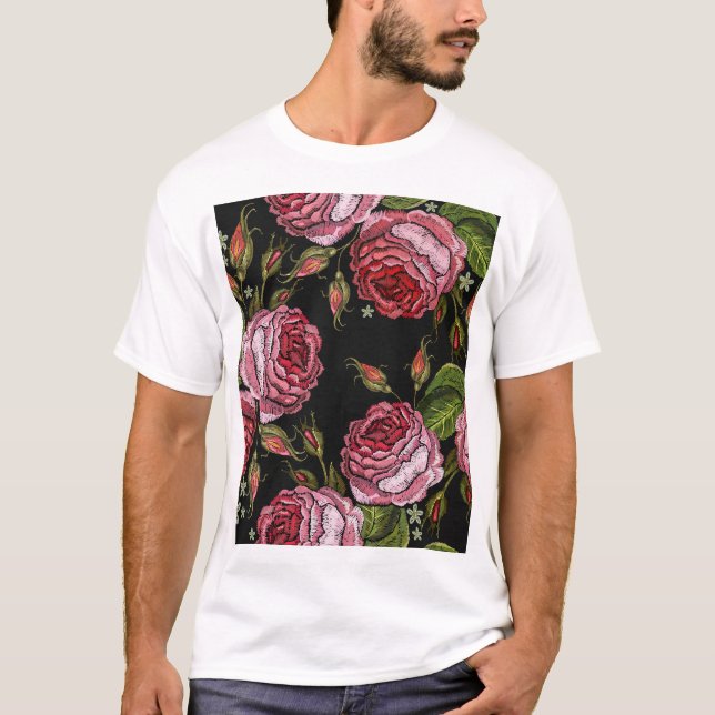 Camiseta Padrão do bordado da Rosa vermelha de vinheta (Frente)