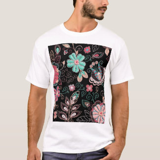 Camiseta Padrão Escuro do Bordado Floral Vintage