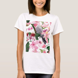 Camiseta Padrão exótico tropical com papagaio e flores