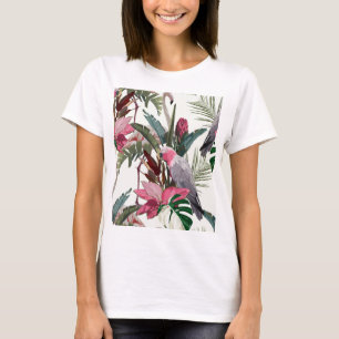 Camiseta Padrão exótico tropical com papagaio, flamingo