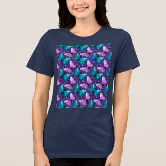Camiseta Padrão floral de borboleta azul-verde e roxo