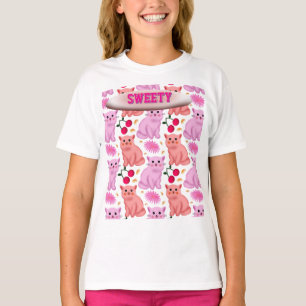 Camiseta Padrão Floral de Cereja de Gato Fofo Personalizado