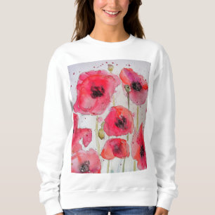 Camiseta Padrão Floral de Papoula Vermelha em Arte de Aquar