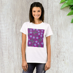 Camiseta Padrão Floral Roxo com Flores Azuis