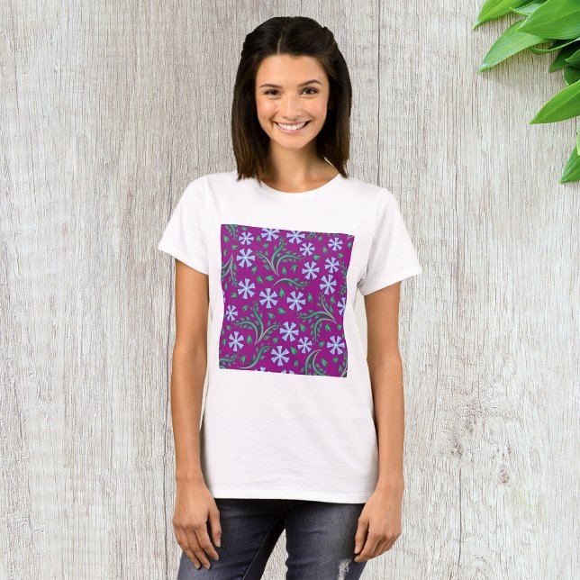 Camiseta Padrão Floral Roxo com Flores Azuis (Criador carregado)