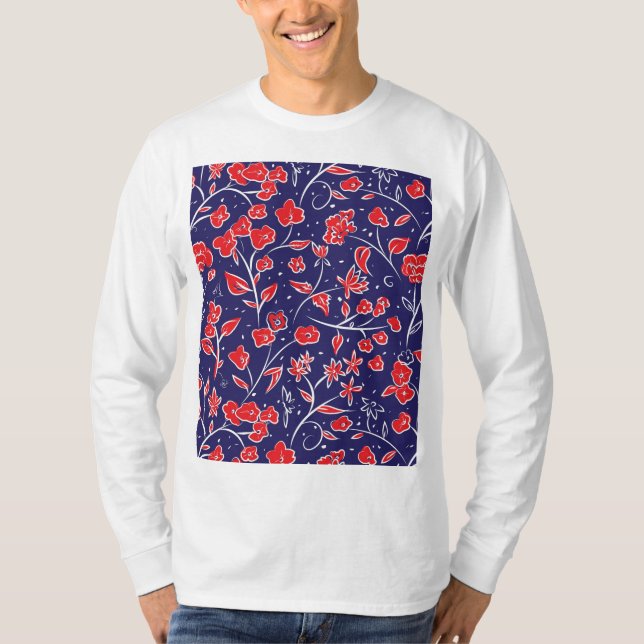 Camiseta Padrão Floral Vermelho e Azul (Frente)