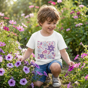 Camiseta Padrão Floral Vibrante Flores Azuis Rosa Púrpura