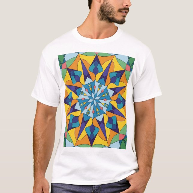 Camiseta Padrão geométrico fractal azul e amarelo (Frente)
