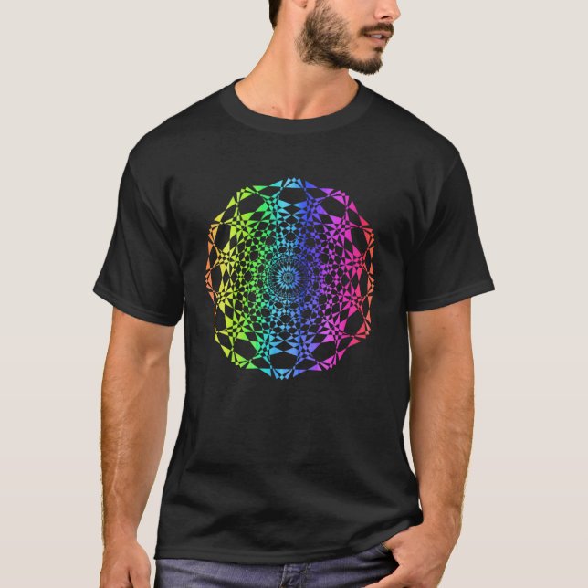 Camiseta Padrão Geométrico Mandala Arco-íris Mulheres Vibra (Frente)