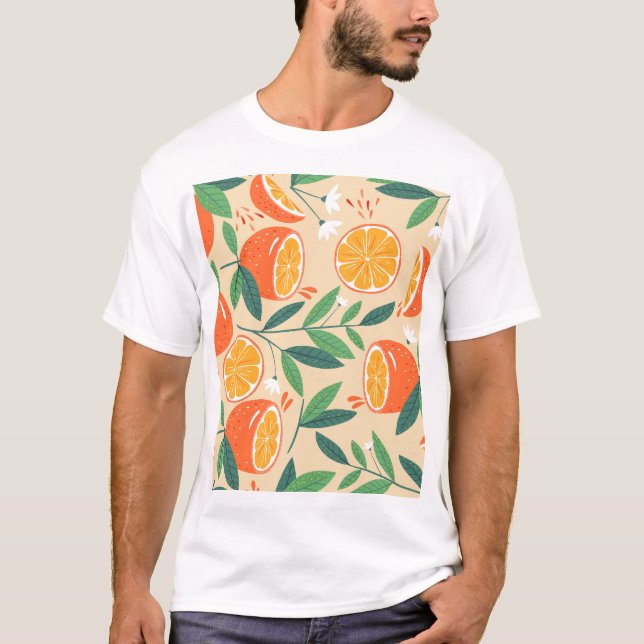Camiseta Padrão laranja sem costura, arte de colheita de ab (Frente)