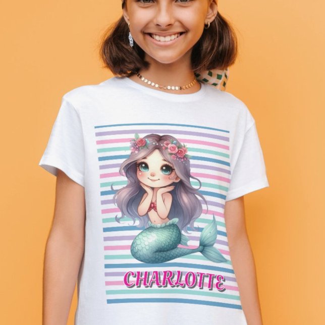 Camiseta Padrão listrado de Sereia Rosa Personalizado (Criador carregado)