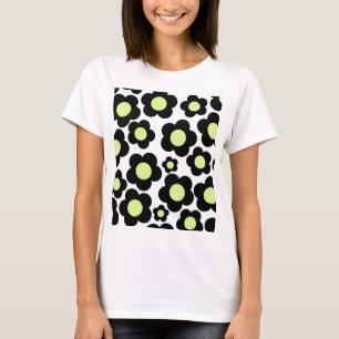 Camiseta Padrão Preto de Flor de Hippie Verde Neon
