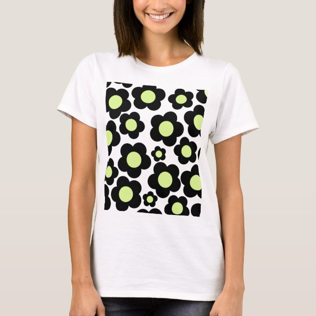 Camiseta Padrão Preto de Flor de Hippie Verde Neon (Frente)