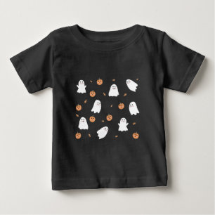 Camiseta Padrão Preto de Halloween de Fantasma Fofo e Abóbo