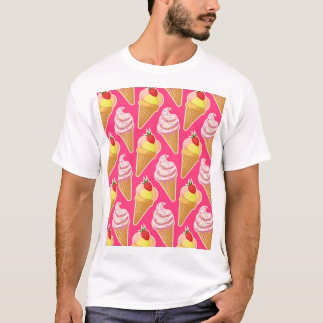 Camiseta Padrão rosa Kawaii com sorvete de morango (Frente)