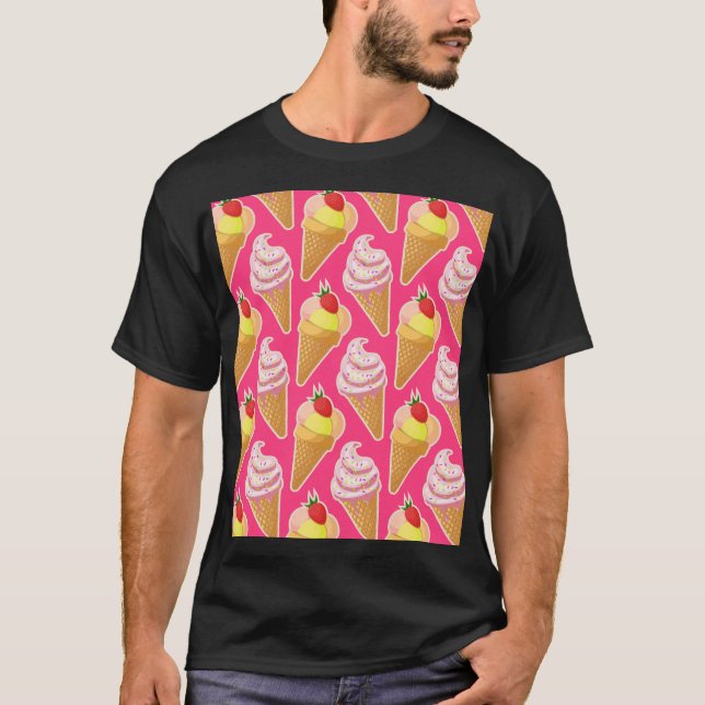 Camiseta Padrão rosa Kawaii com sorvete de morango (Frente)