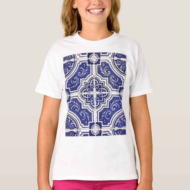 Camiseta Padrão Rustic Vintage - Azulejos Portugueses - Azu (Frente)