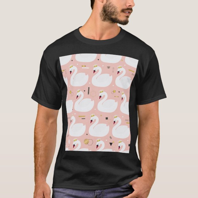 Camiseta Padrão sem costura com cisnes brancas. (Frente)