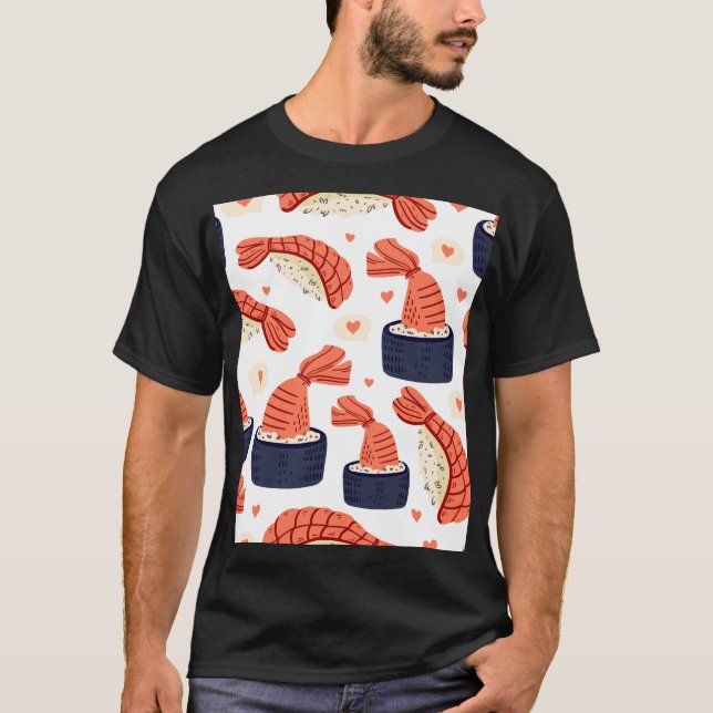 Camiseta Padrão Sushi Japonês de Comida Invisível (Frente)