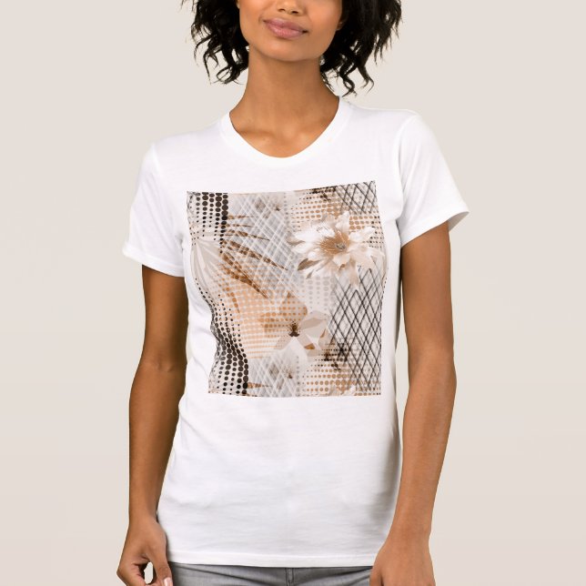 Camiseta Padrão tropical cinza e bege. (Frente)