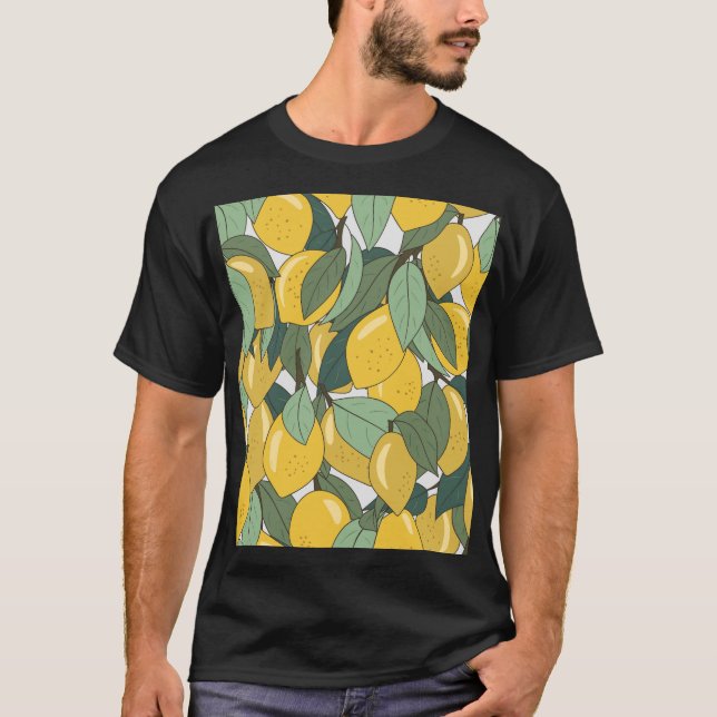 Camiseta Padrão tropical com limões amarelos. (Frente)