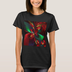 Camiseta Padrão Verde Vermelho Abstrato Floral Moderno #11
