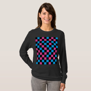 Camiseta Padrão Xadrez Azul Rosa e Preto