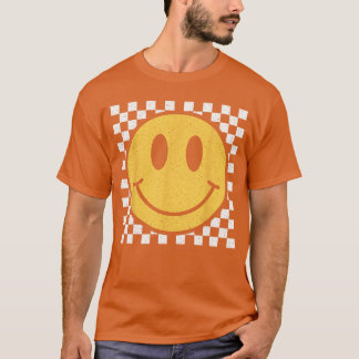 Camiseta Padrão Xadrez Cara Feliz Amarela Retro Sorriso Fa