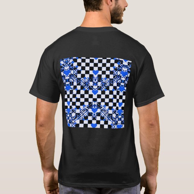 Camiseta Padrão Xadrez Com Corações Azuis & Formas (Verso)