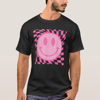 Camiseta Padrão Xadrez Sorrindo Face Feliz Sorriso Retro P