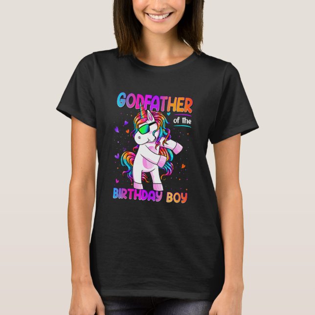 Camiseta Padrinho do Garoto de Aniversário Dabbing Unicorn  (Frente)