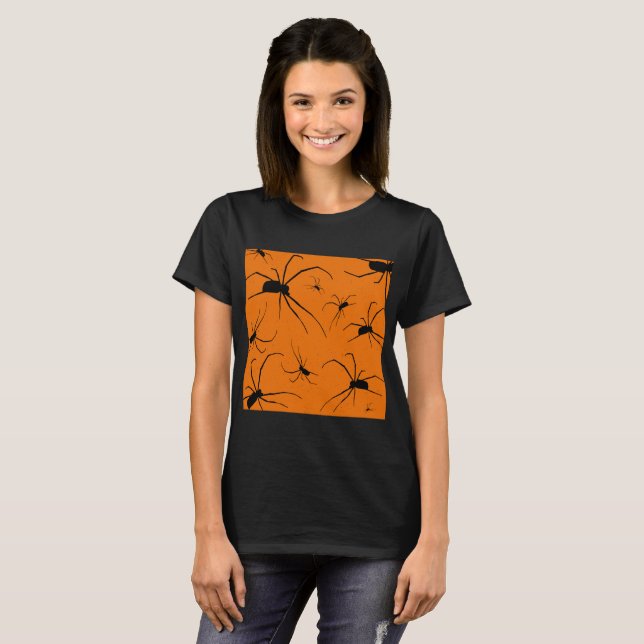 Camiseta Padrões de aranhas do Dia das Bruxas Laranja, T-S  (Frente Completa)