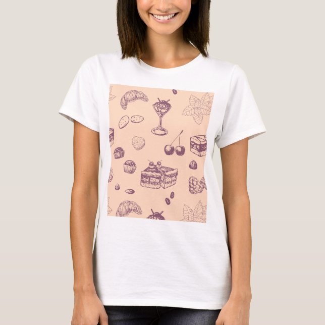 Camiseta Padrões doces com várias sobremesas. (Frente)