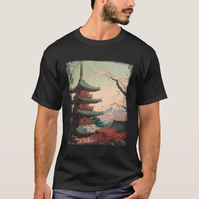 Camiseta Pagoda Japonesa Ukiyo-E E Blossomas De Cereja (Frente)