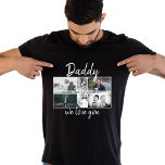 Camiseta Pai com Crianças e Colagem de Fotos de Pai Familia<br><div class="desc">Pai com Crianças e Camiseta Colagem de Fotos de Pai Familiar. Colagem de 6 fotos, nome do pai com uma doce mensagem em um roteiro de tendências e nomes de crianças que sobrepõem as fotos. Adicione suas 6 fotos favoritas da família. Bela manutenção e presente de aniversário, Dia do Pai...</div>