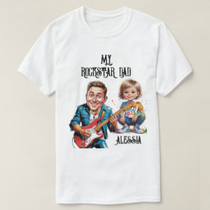 Camiseta Pai de Caricaturas Rockstar e criança com guitarra