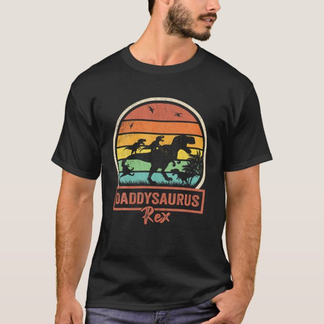 Camiseta Pai Dinossauro Daddysaurus Rex 4 Crianças Dia de o (Frente)