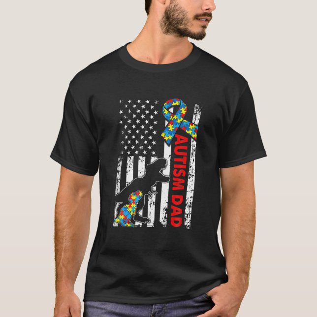 Camiseta Pai do Dinossaur Autism EUA Flag Autism Awa (Frente)