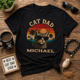 Camiseta Pai Gato Vintage Retro Pôr do Sol Praia Tropical