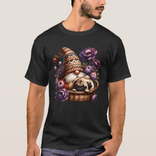 Camiseta Pai Gnomo Floral Pug Para Amante De Jardim De Flor