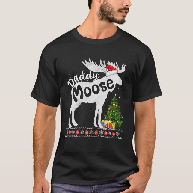 Camiseta Pai Moose Santa Hat Natal Combinação Pajama Fa (Frente)