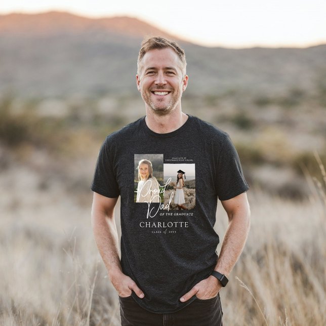 Camiseta Pai orgulhoso da manutenção de fotos do script do  (Proud Dad of the Graduate Script Photo Keepsake Tri-Blend Shirt)