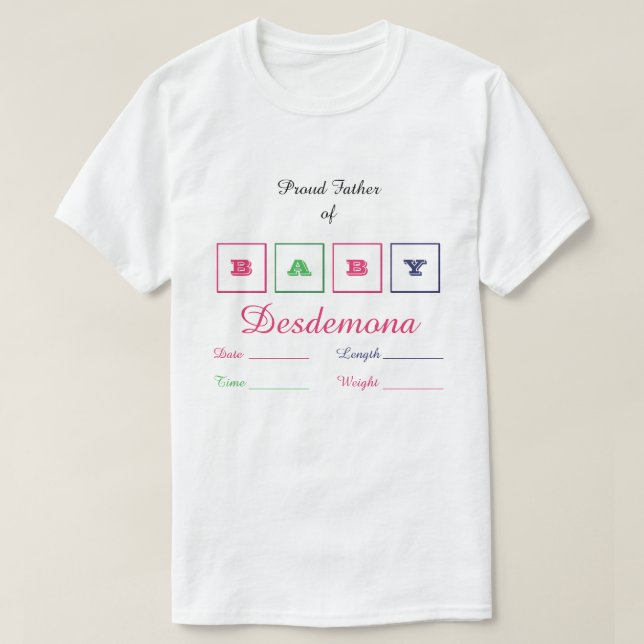 Camiseta Pai Orgulhoso das Estatísticas e Nome da Menina (Frente do Design)
