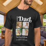 Camiseta Pai Orgulhoso Retroativo Moderno Personalização de<br><div class="desc">Parabéns na formatura do seu filho! Como um pai orgulhoso, você merece mostrar seu amor e apoio com uma camiseta personalizada. Este design retro-moderno apresenta uma coleção de fotos que mostra quatro das suas memórias favoritas com o seu formando. Quer seja do segundo grau, da faculdade ou da universidade, esta...</div>